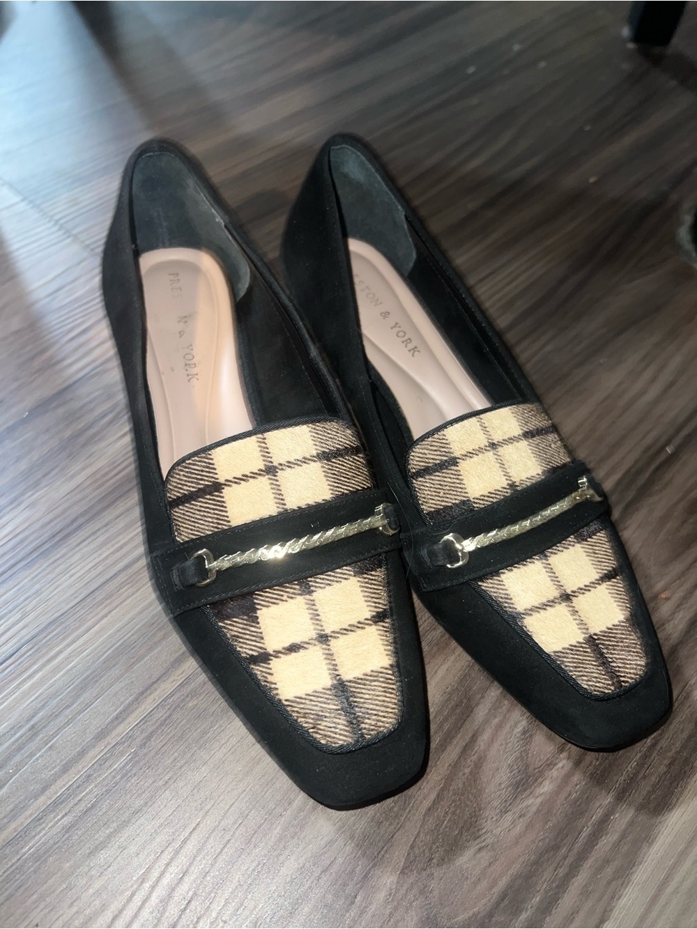 Preston & York Black Suede Loafers with Beige Plaid Vamp and Gold Tone Bit